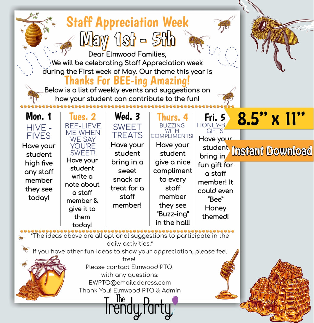 Bee Teacher & Staff Appreciation Week Parent Flyer | Bee-ing Amazing Theme