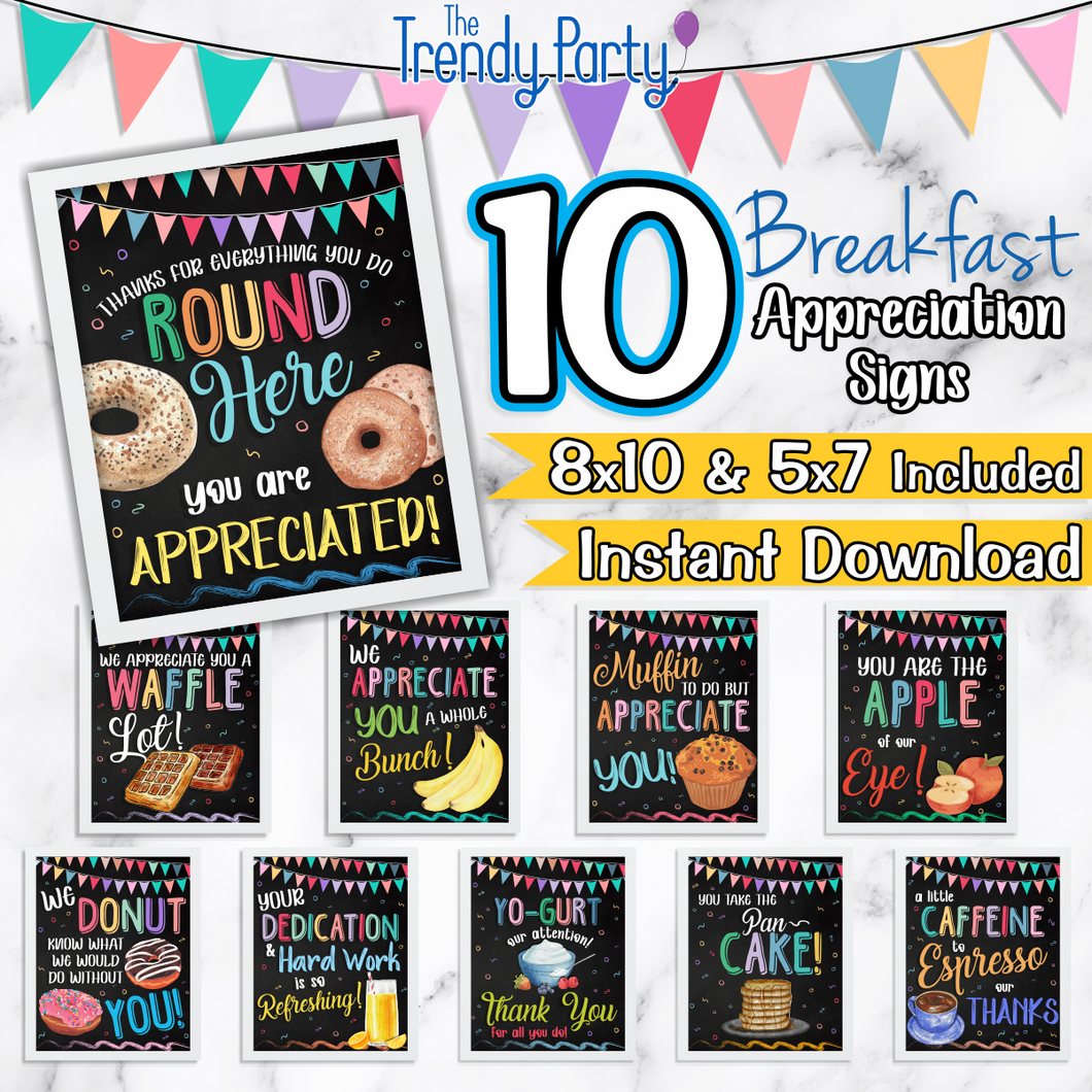 10 Breakfast Appreciation Signs Instant Download | 8x10 and 5x7 Sizes Included