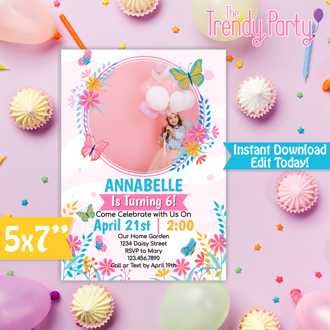 Butterfly & Flower Birthday Invitation with Insert your own Image