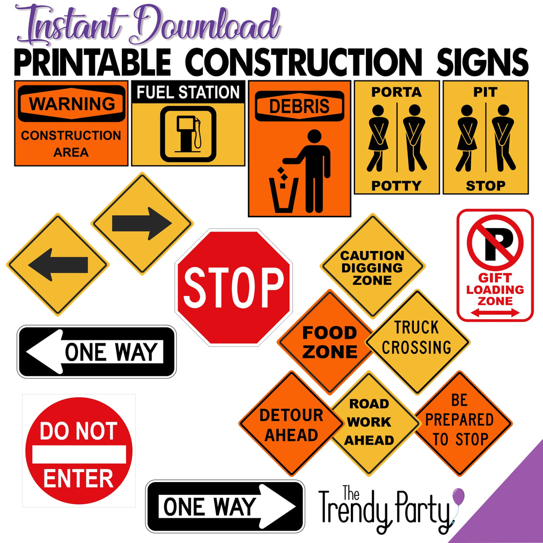 Construction Party Signs Instant Download