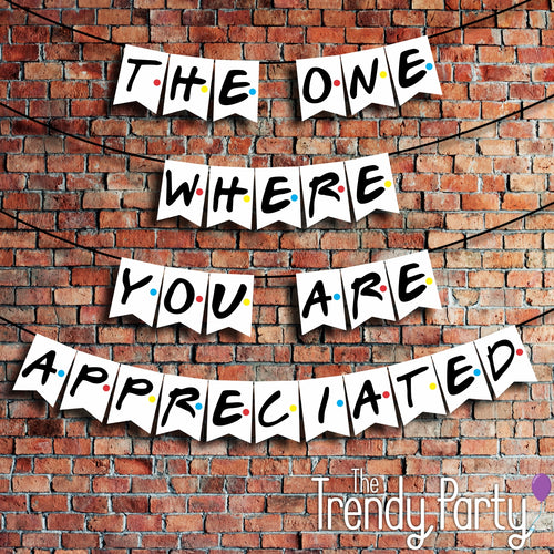 The One Where You Are Appreciated white pennant banner on a brick wall